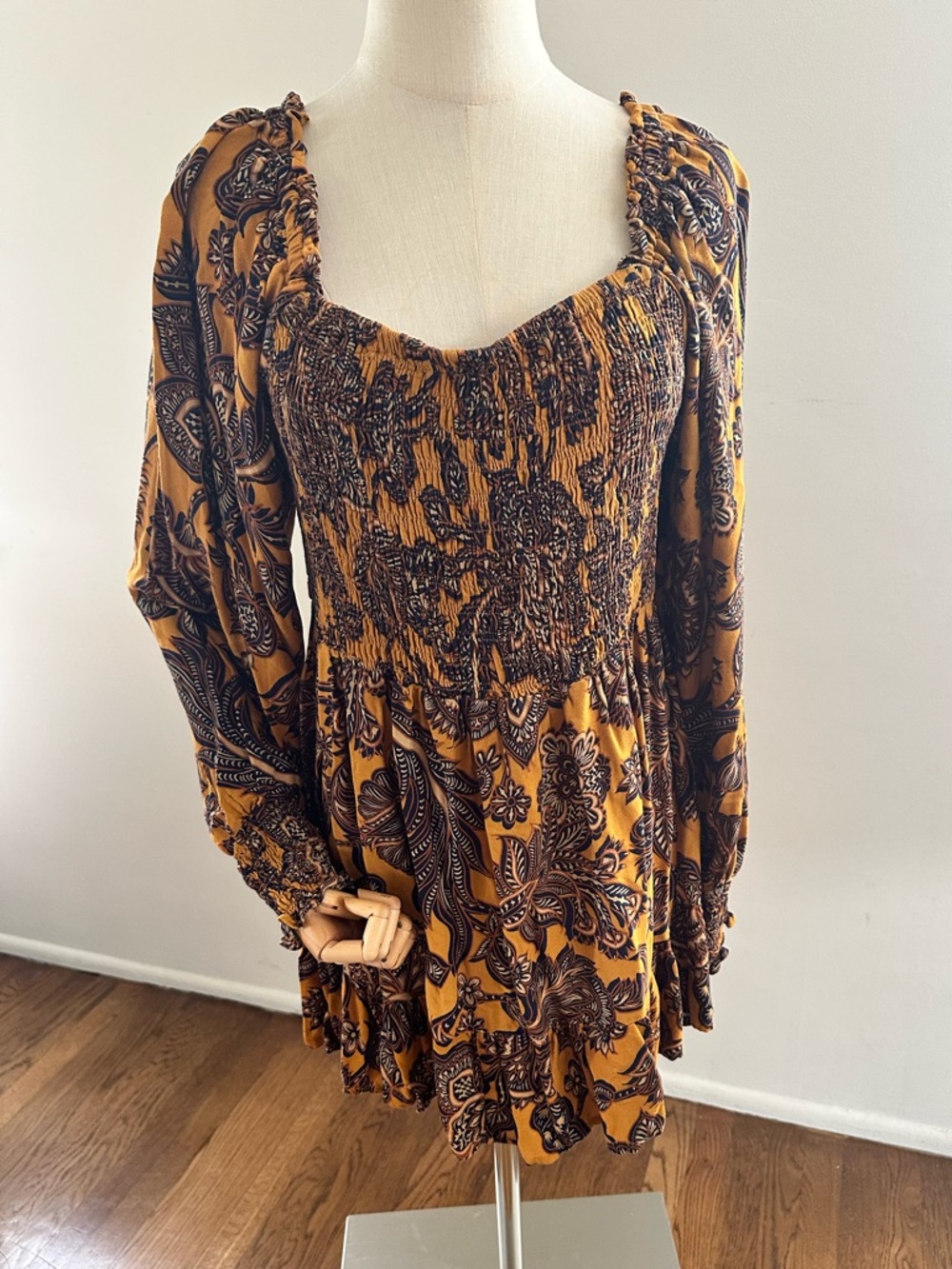 Mustard Paisley Smocked Mini Dress | Boho Puff Sleeve Cottagecore Size 16